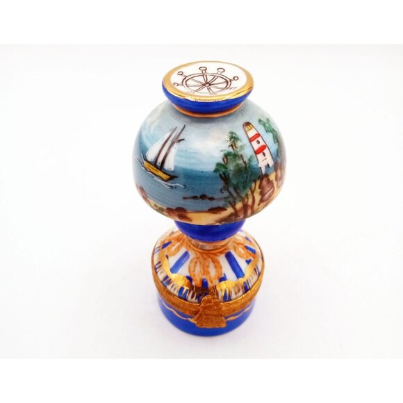 Vintage Limoges Trinket Box Table Lamp Sailboat Porcelain 90s France Signed Flaw - Picture 3 of 16